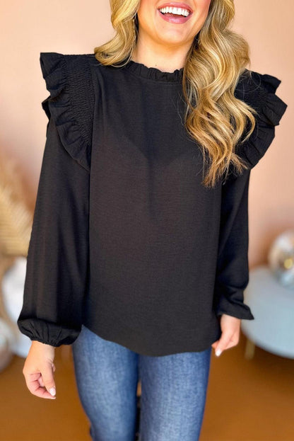 Black Frilled Neck Ruffled Trim Bubble Sleeve Blouse - L & M Kee, LLC