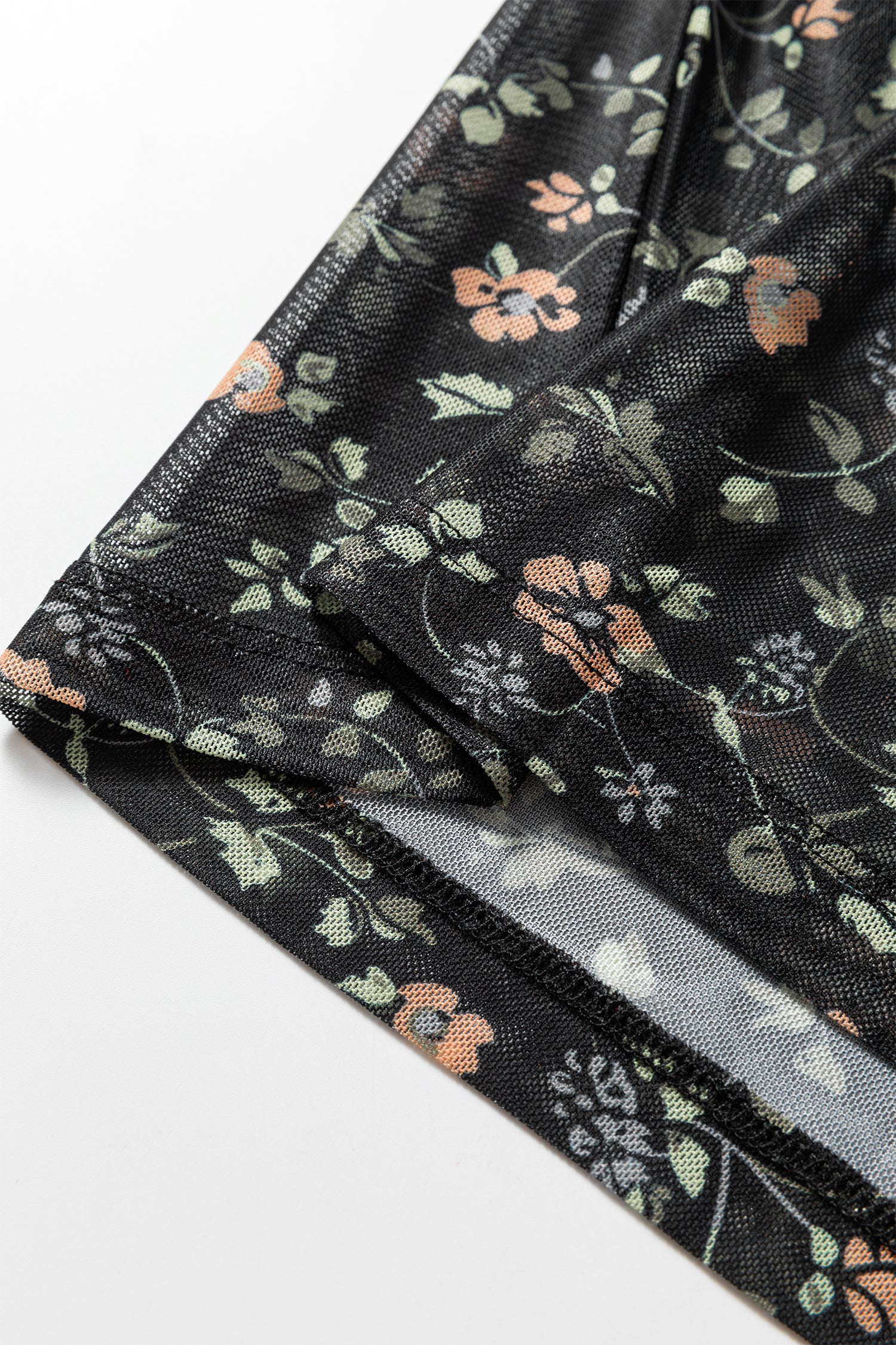 Black Floral Print Mesh Tank Button Front Slim Cardigan 2pcs Set