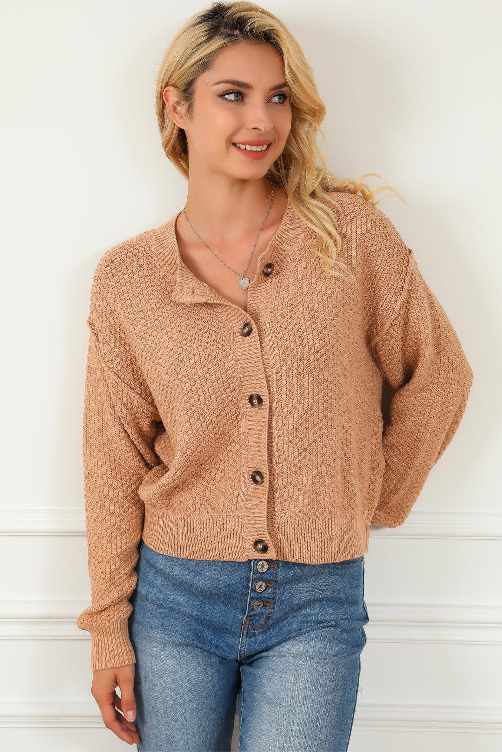 Khaki Button Front Drop Shoulder Knitted Cardigan - L & M Kee, LLC