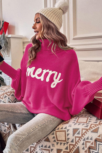 Red Merry Letter Embroidered High Neck Sweater - L & M Kee, LLC