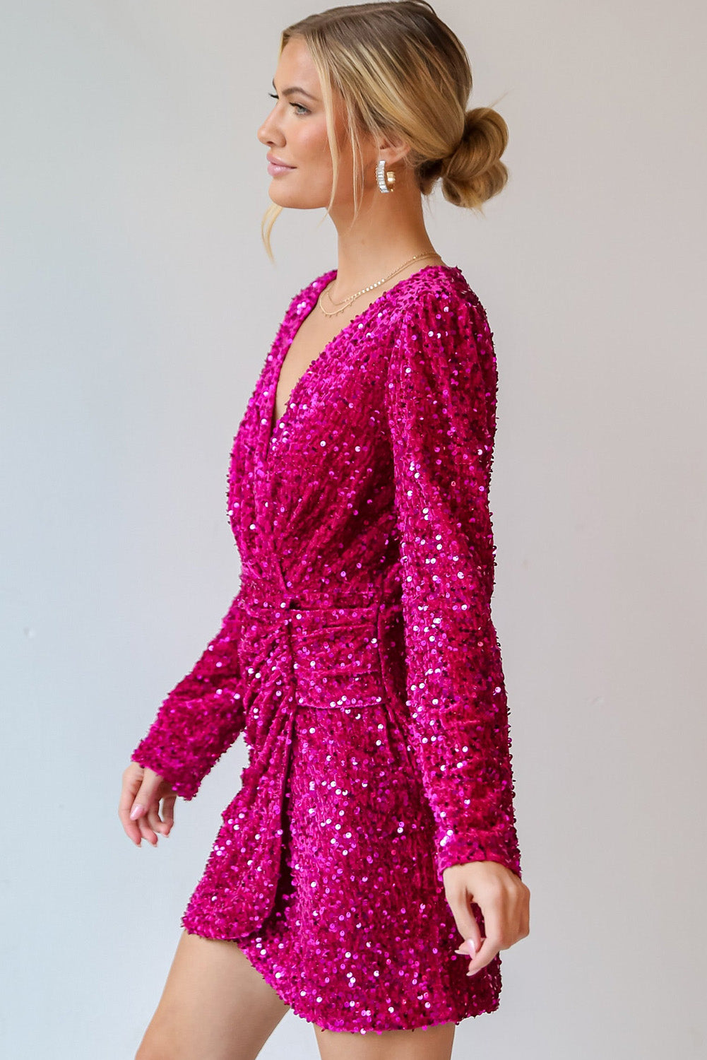 Pitaya Pink Velvet Sequin Long Sleeve V Neck Wrapped Mini Dress