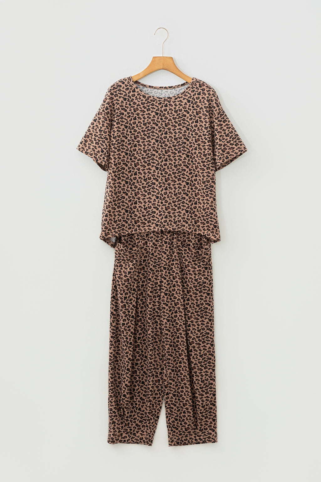 Brown Leopard Loose Tee Drawstring Waist Barrel Pants Set