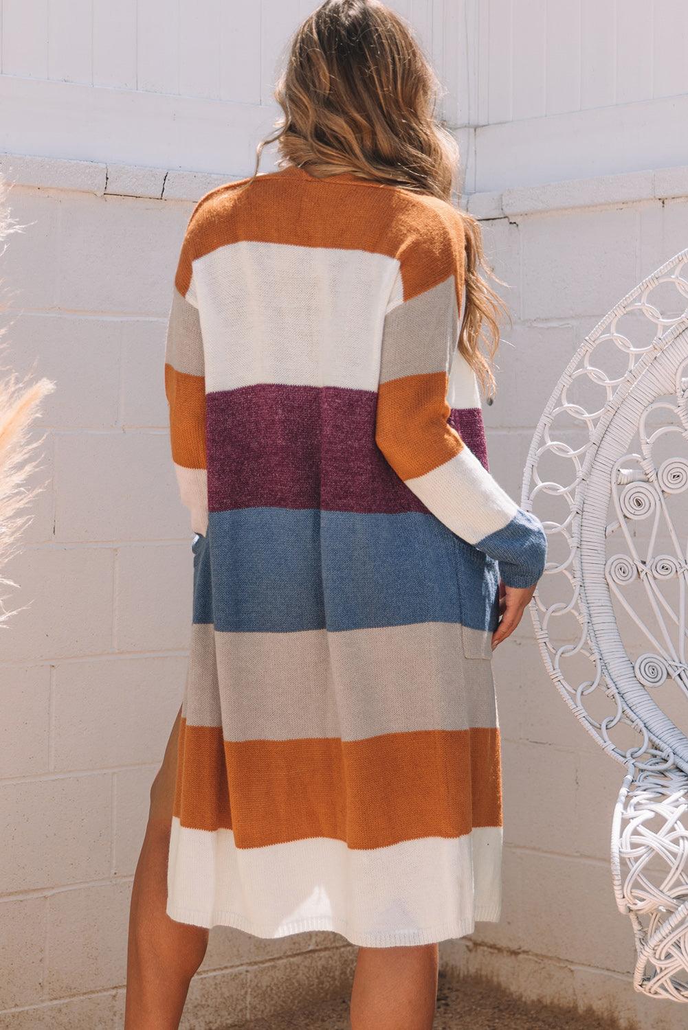 Multicolor Colorblock Open Front Long Knit Cardigan - L & M Kee, LLC