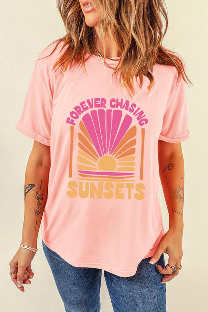 Pink FOREVER CHASING SUNSET Graphic T Shirt - L & M Kee, LLC