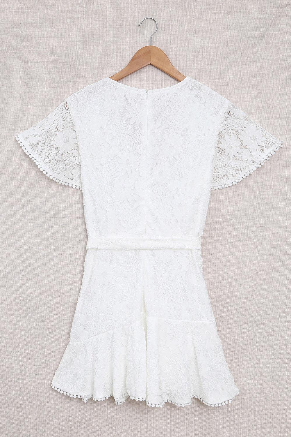 White Flutter Sleeve Wrap V Neck Floral Lace Short Dress - L & M Kee, LLC