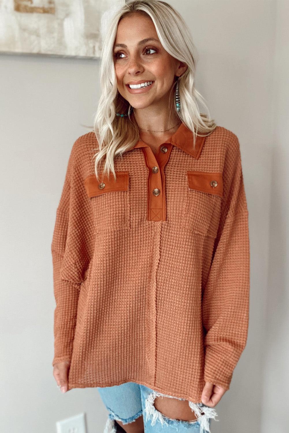 Waffle Knit Button Contrast Trim Long Sleeve Top - L & M Kee, LLC