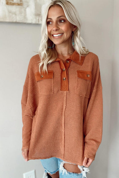 Waffle Knit Button Contrast Trim Long Sleeve Top - L & M Kee, LLC