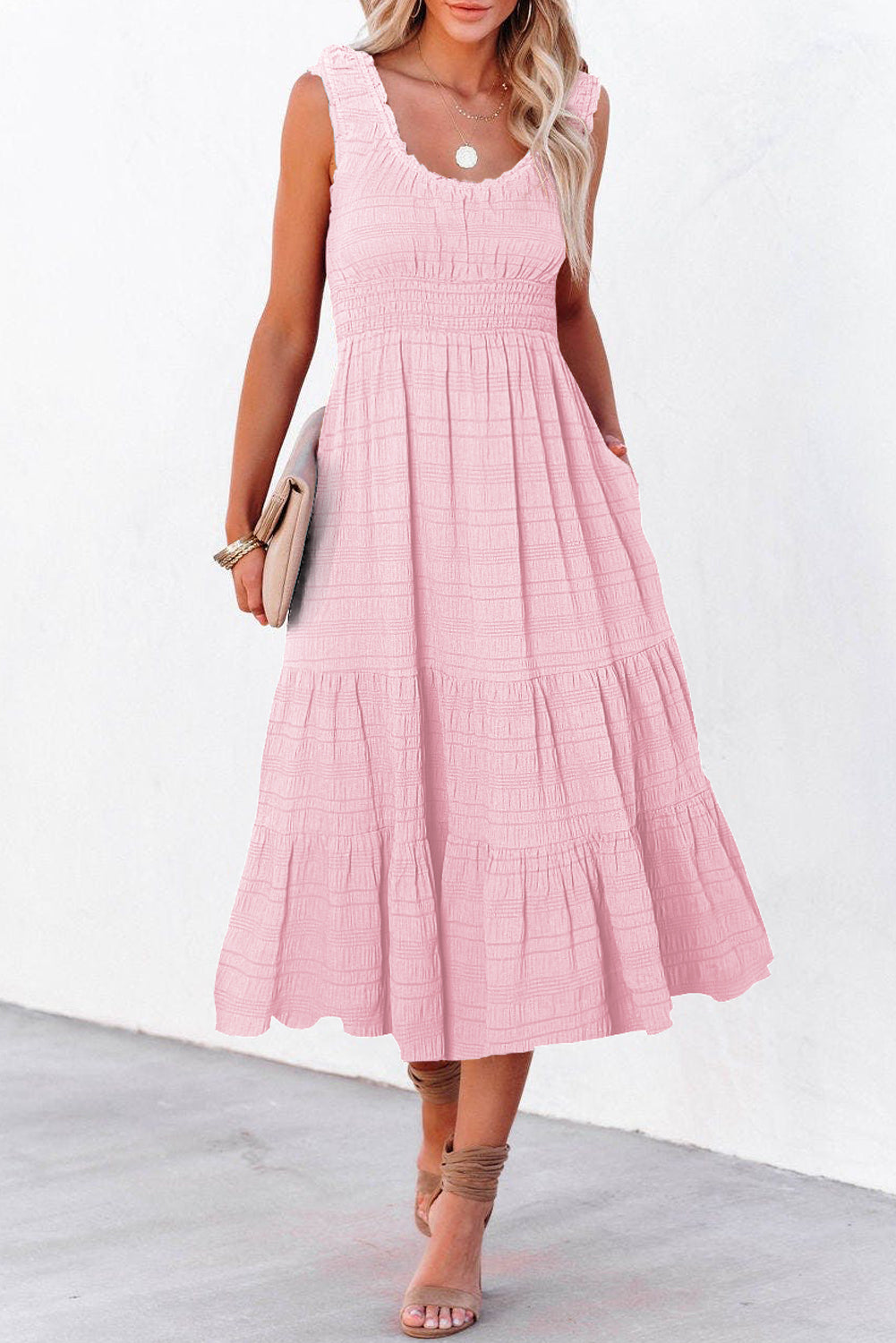 Apricot Shirred Pleated Square Neck Sleeveless Midi Dress