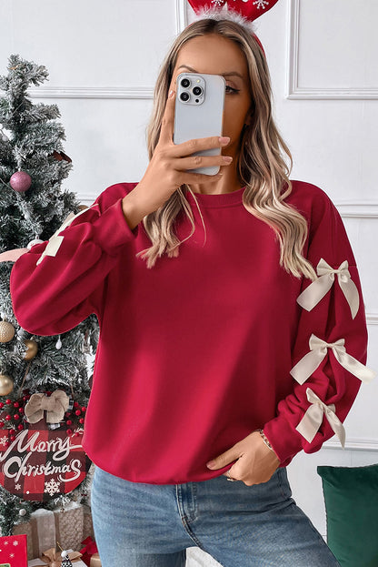 Fiery Red Contrast Bow Decor Dropped Sleeve Crewneck Sweatshirt