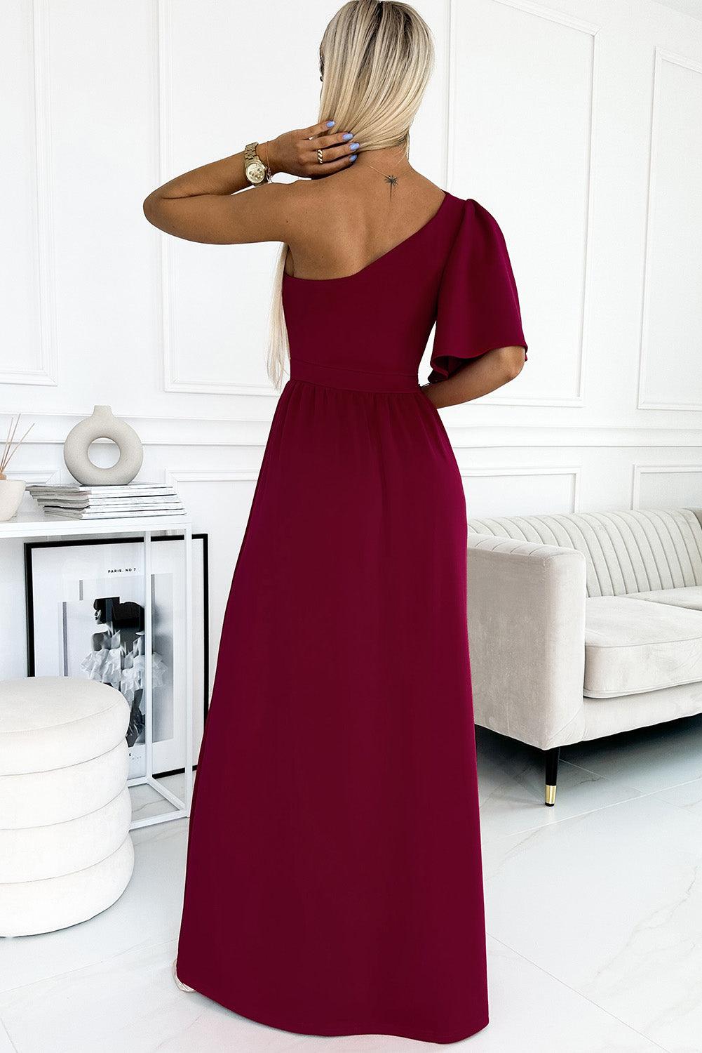 Rose One Shoulder Ruffle Sleeve Maxi Dress with Slit - L & M Kee, LLC