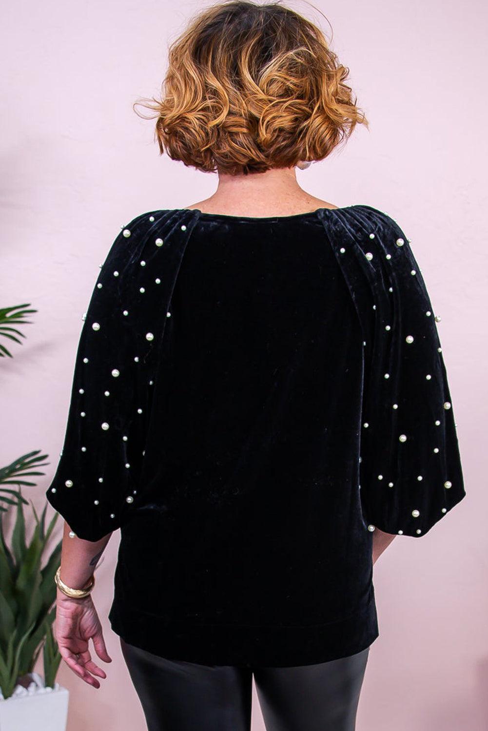Black Pearl Embellished Puff Sleeve Velvet Plus Size Top - L & M Kee, LLC