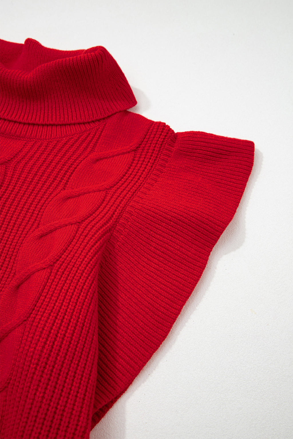 Jet Stream Cable Knit Turtleneck Ruffled Short Sleeve Sweater