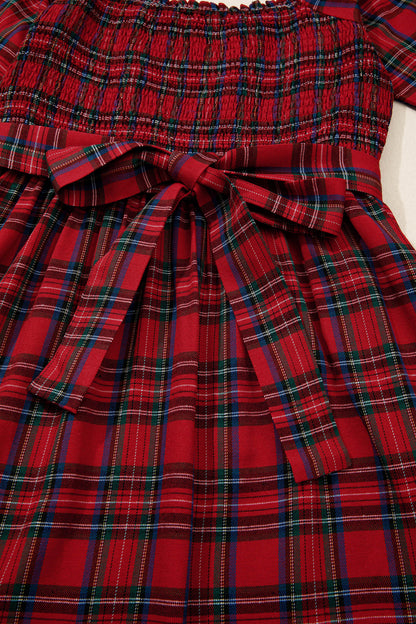 Red Tartan Plaid Square Neck Puff Sleeve Knot Waist Flared Midi Dress