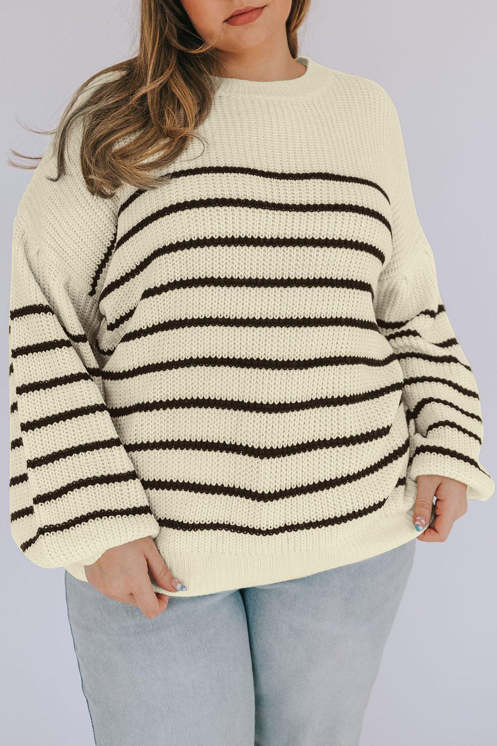 Khaki Plus Size Striped Drop Shoulder Puff Sleeve Sweater - L & M Kee, LLC