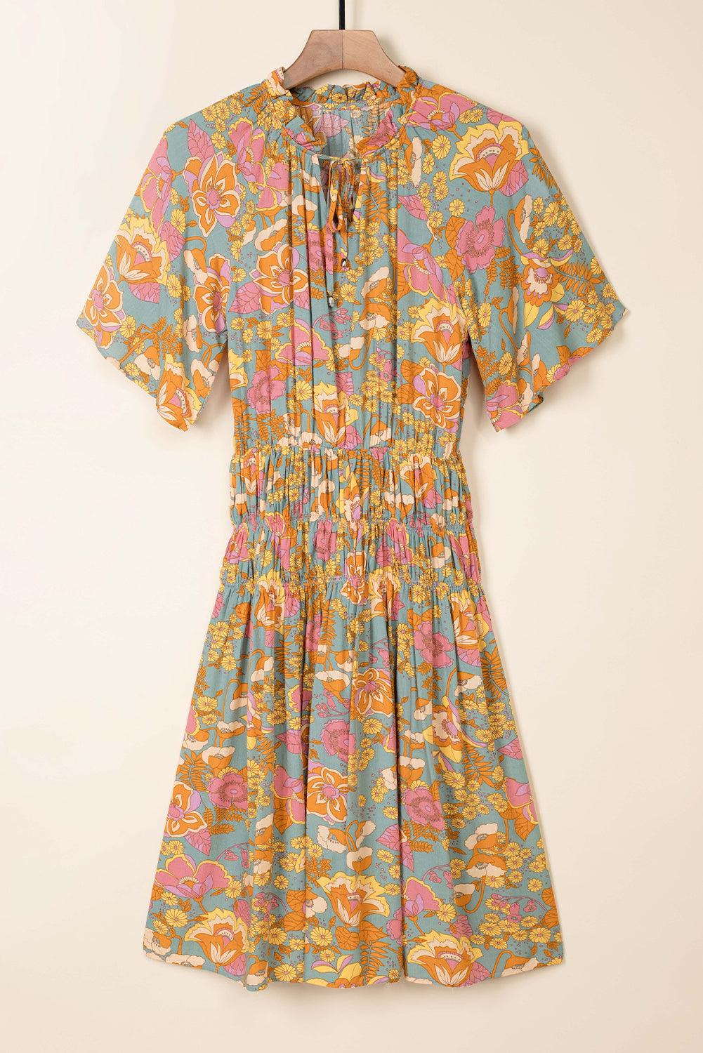 Boho Wide Sleeve Smocked Waist Floral Dress - L & M Kee, LLC