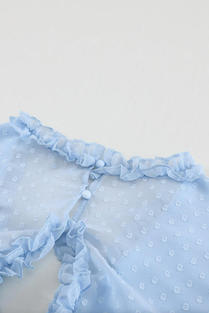 Sky Blue Layered Ruffled Open Back Puff Sleeve Swiss Dot Mini Dress - L & M Kee, LLC