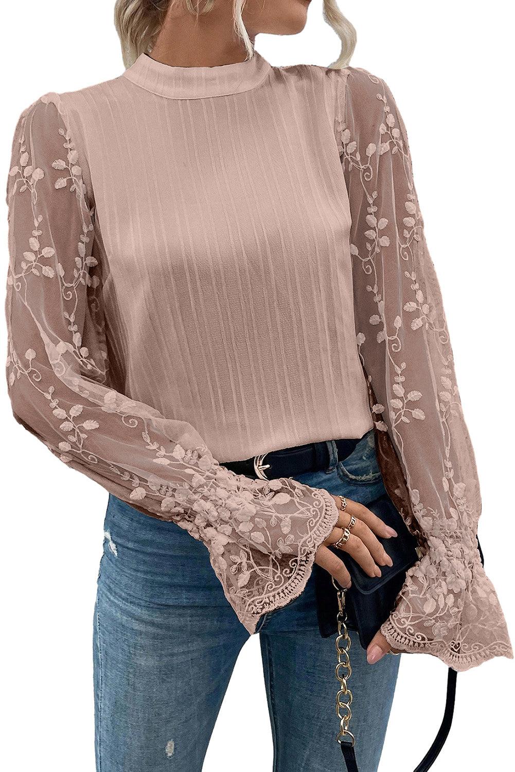 Apricot Pink Contrast Lace Sleeve Mock Neck Textured Blouse - L & M Kee, LLC