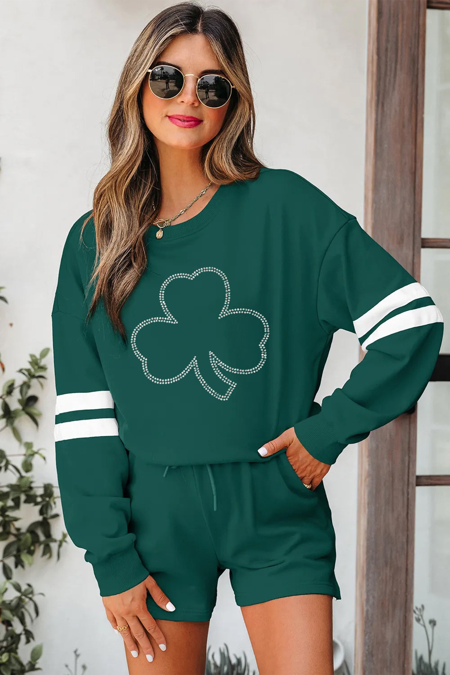 Evergreen Rhinestone Clover Varsity Pullover Drawstring Shorts 2pcs Set