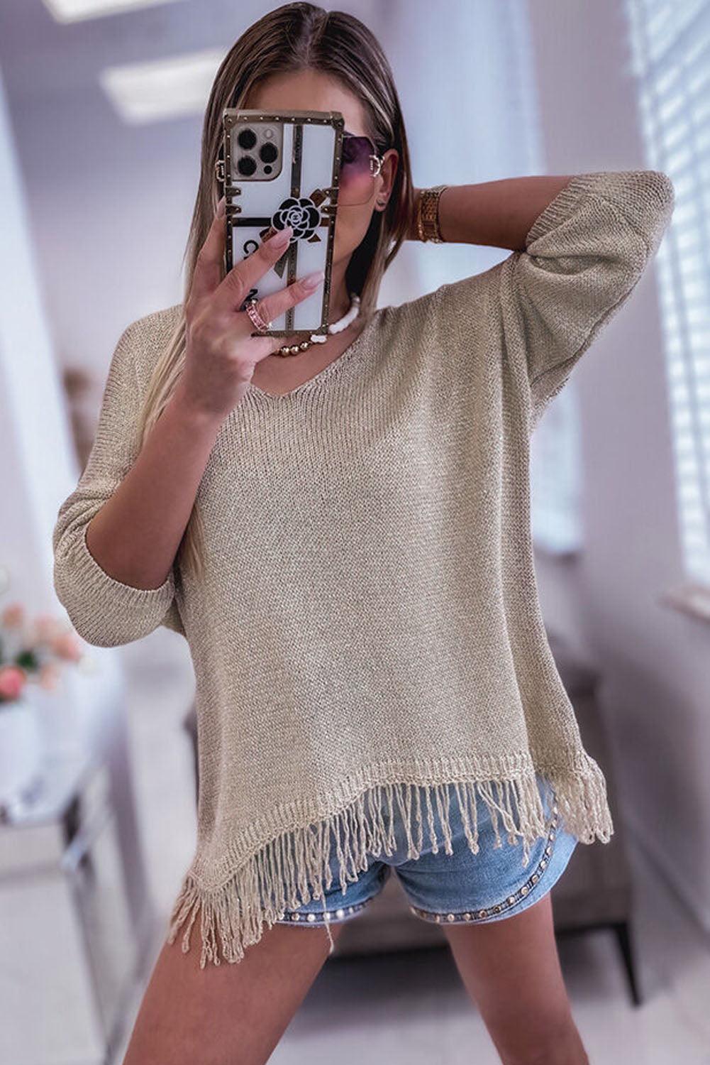 Khaki Lightweight Knit Fringe Hem Loose Sweater - L & M Kee, LLC