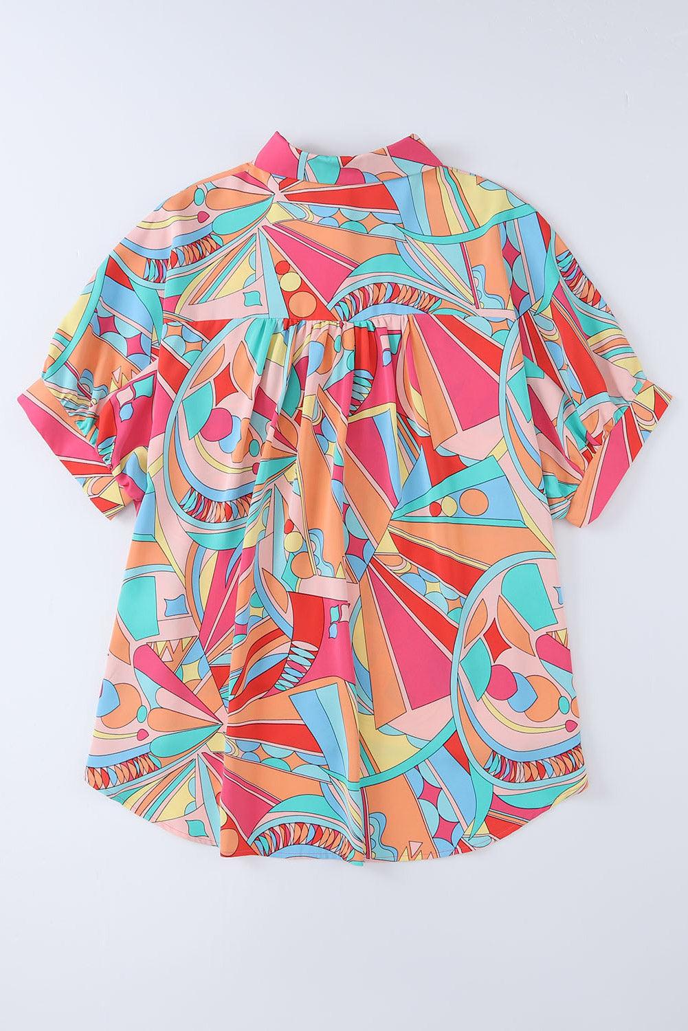 Multicolor Abstract Geometric Print Tassel Tie Flared Dress - L & M Kee, LLC