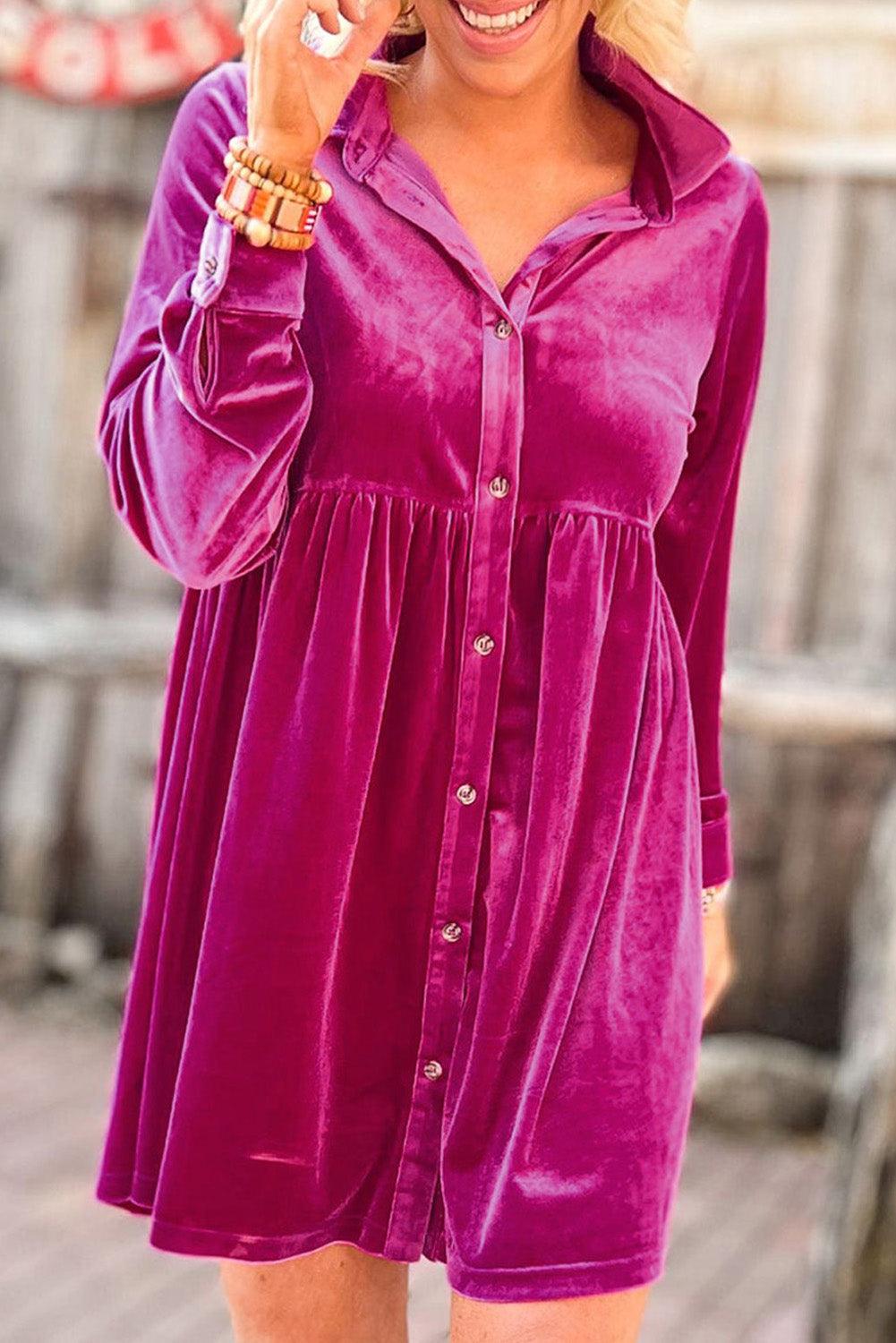 Rose Long Sleeve Ruffle Velvet Button Up Dress - L & M Kee, LLC