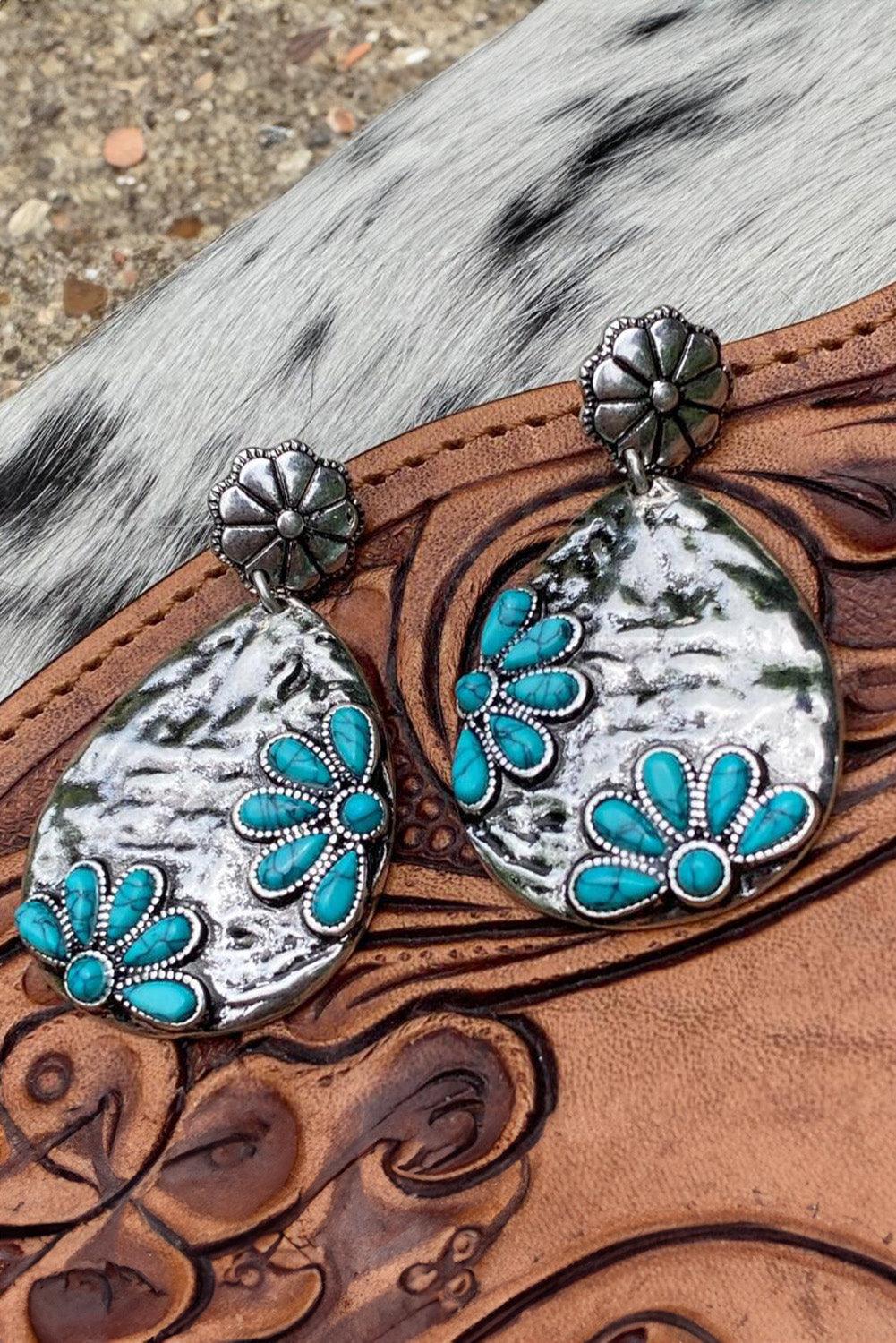 Silvery Western Turquoise Flower Studded Drop Earrings