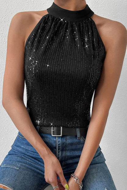 Black Keyhole Tie Back Sequined Tank Top - L & M Kee, LLC