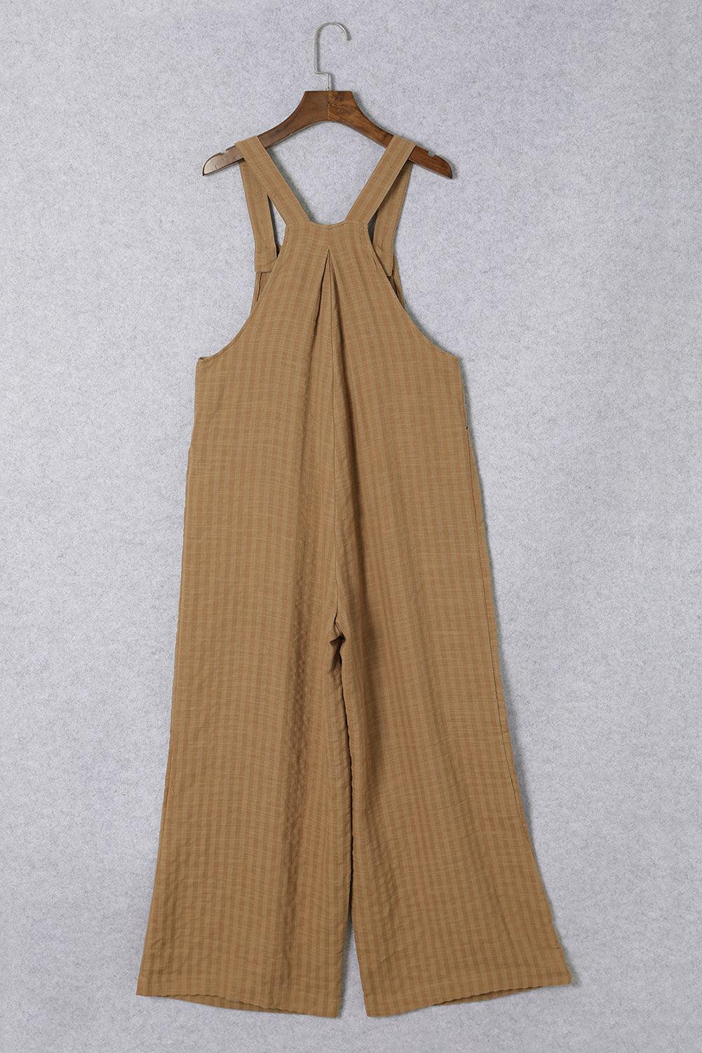 Brown Striped Pleated Wide Leg Pocketed Jumpsuit - L & M Kee, LLC