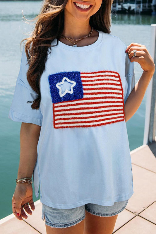 Beau Blue Tinsel American Flag Graphic Drop Shoulder T-shirt - L & M Kee, LLC