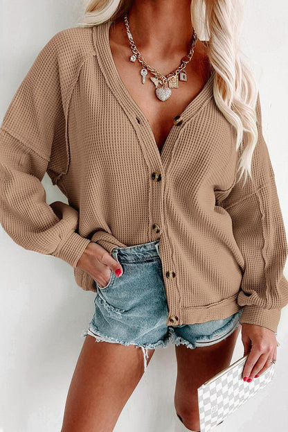 Khaki Exposed Seam Buttons Front Waffle Knit Cardigan - L & M Kee, LLC