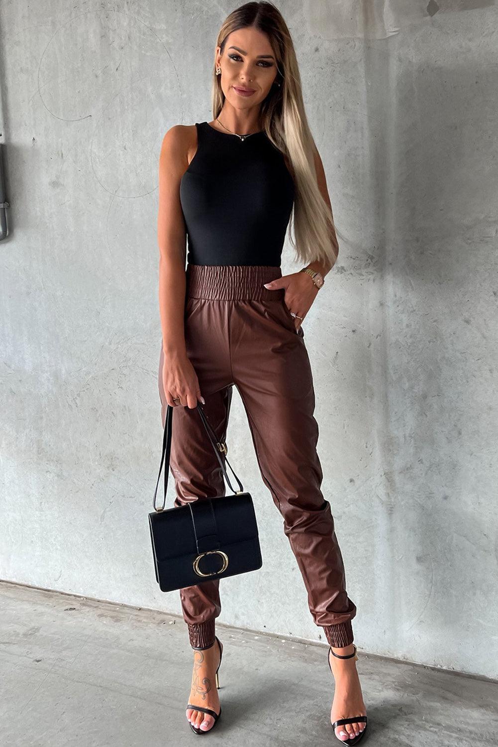 Brown Smocked High-Waist Leather Skinny Pants - L & M Kee, LLC