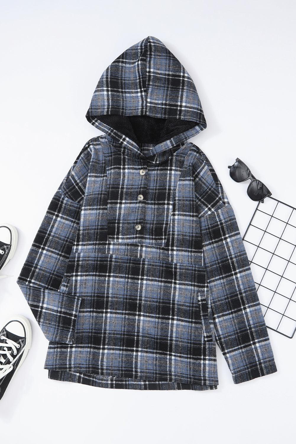 Black Plaid Button Neck Pocketed Pullover Hoodie - L & M Kee, LLC