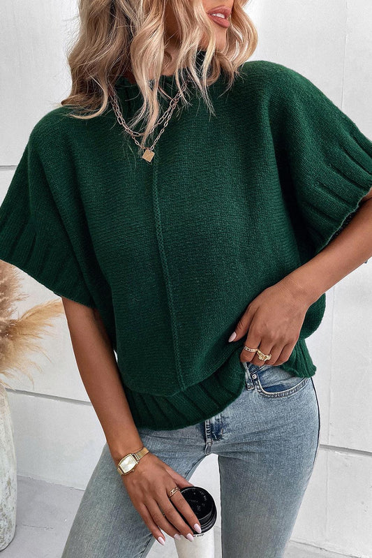 Blackish Green Mock Neck Batwing Short Sleeve Knit Sweater - L & M Kee, LLC