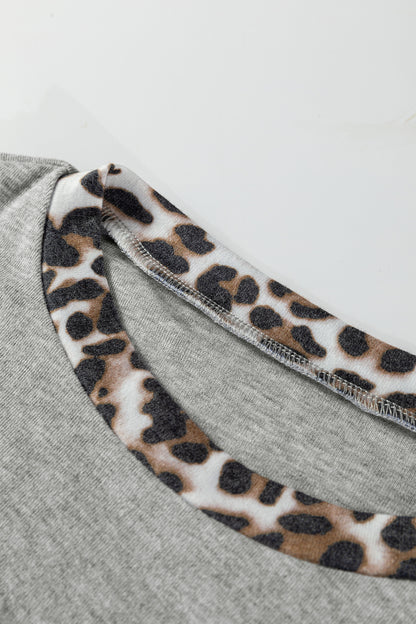 Gray Color Block Leopard Patchwork Dolman Sleeve High Low Baggy Sweatshirt