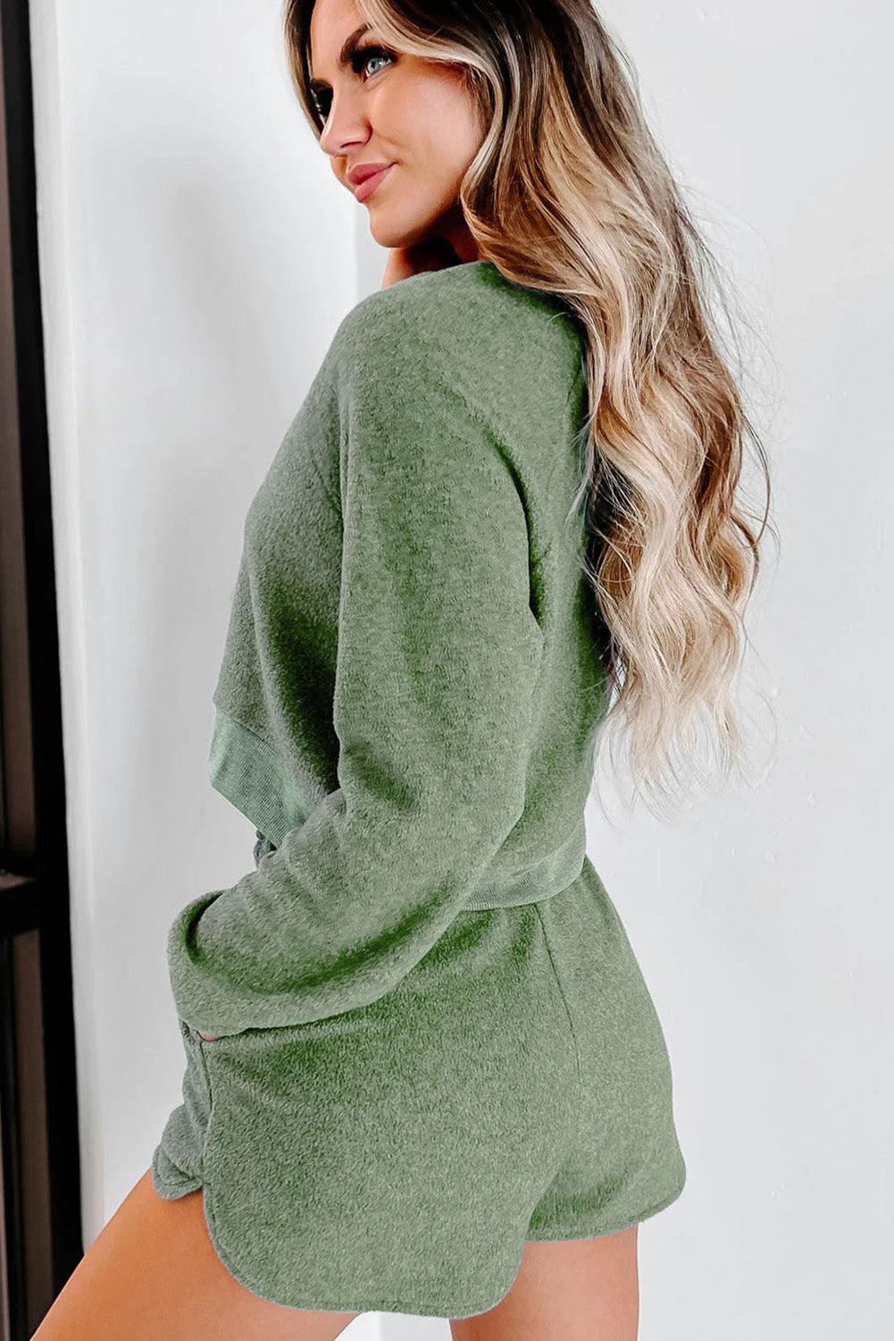Green Fleece Two-piece Cropped Pullover and Shorts Set - L & M Kee, LLC