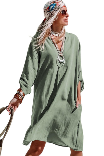 Roll-tab Sleeve Flowy Casual Dress - L & M Kee, LLC