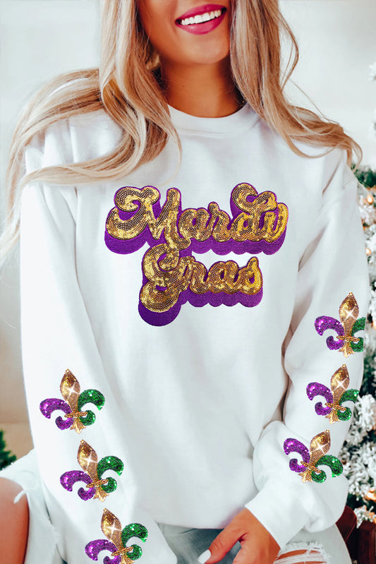 Beige Sequin Mardi Gras Patched Pattern Fleur de Lis Sleeve Sweatshirt