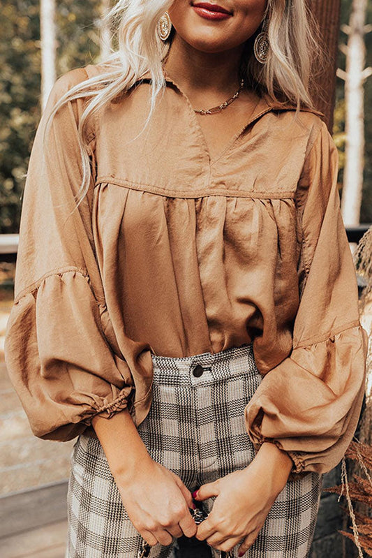 Brown Puff Sleeve Collared Pleated Babydoll Blouse - L & M Kee, LLC