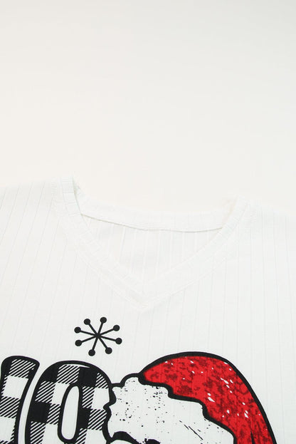 White HOHOHO Christmas Graphic Wide Rib Long Sleeve Top - L & M Kee, LLC