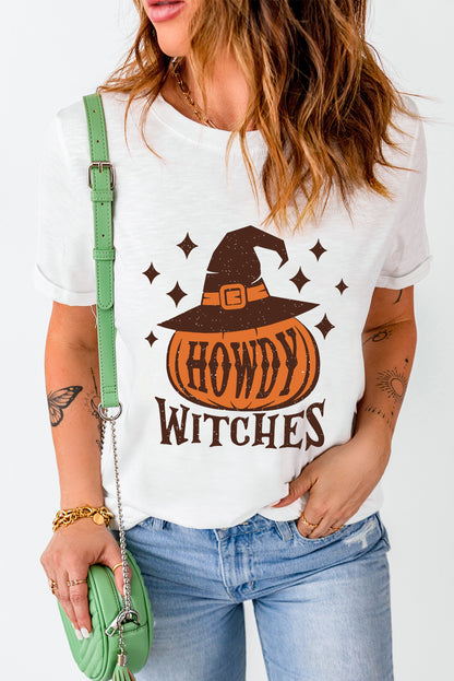 White HOWDY WITCHES Pumpkin Graphic Halloween T Shirt