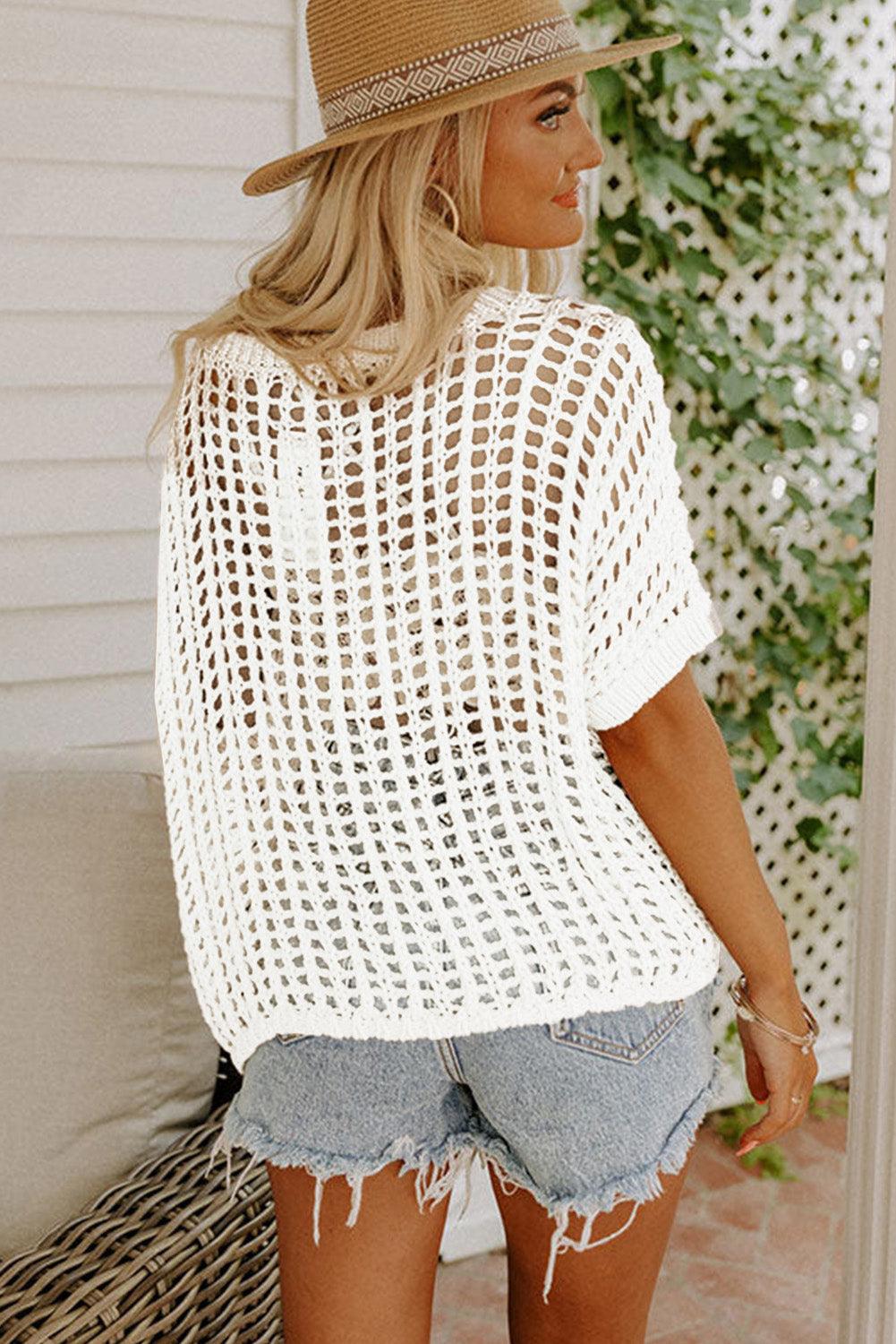 Apricot Fishnet Knit Ribbed Round Neck Short Sleeve Sweater Tee - L & M Kee, LLC