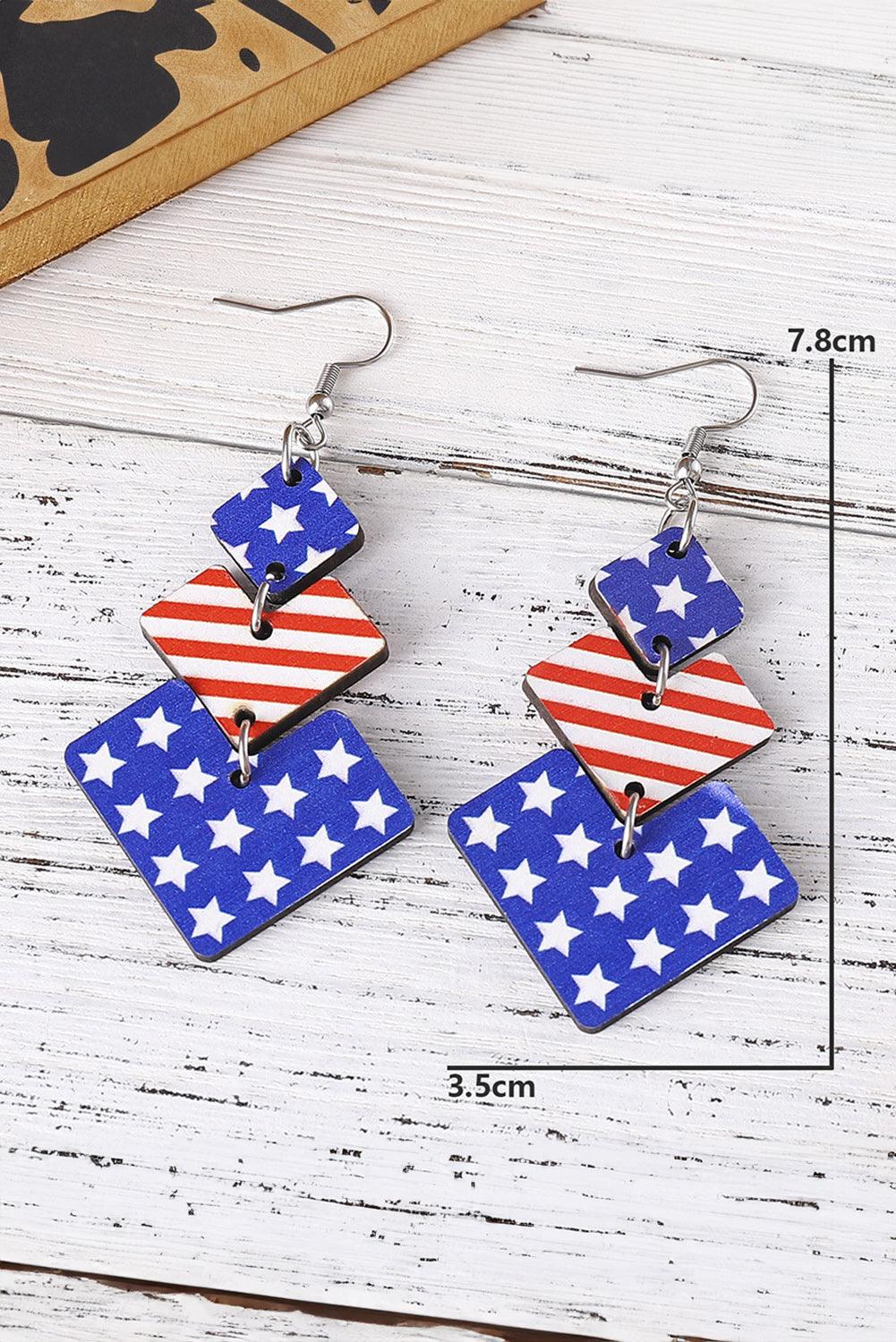 Dark Blue Geometric Wooden Star Stripe Flag Dangle Earrings - L & M Kee, LLC