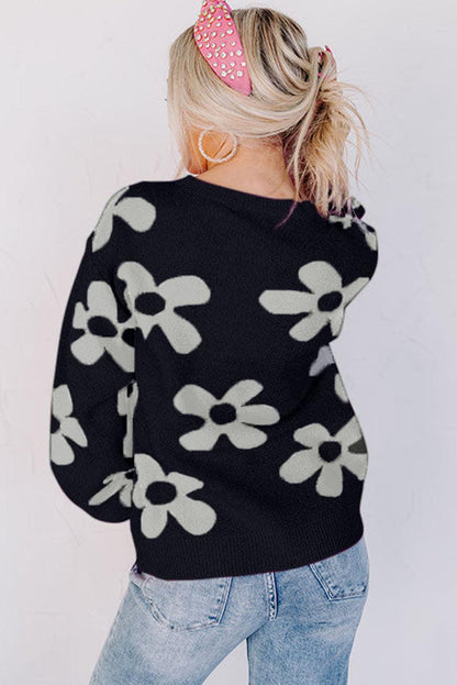 Rose Big Flower Knit Ribbed Trim Sweater - L & M Kee, LLC