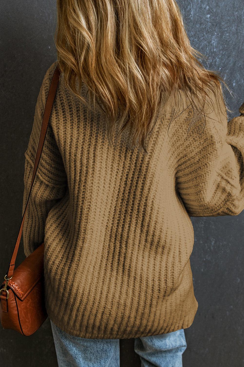 Khaki Ribbed Knit Round Neck Slouchy Chunky Sweater - L & M Kee, LLC