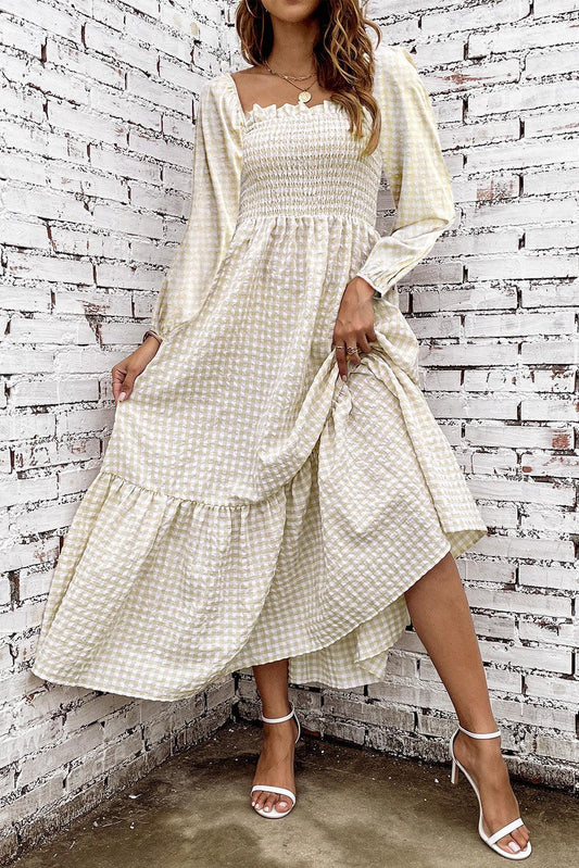 Khaki Plaid Ruffled Square Neck Smocked Tiered Maxi Dress - L & M Kee, LLC