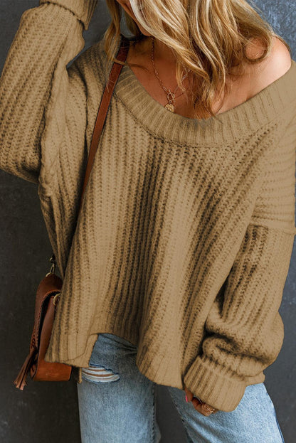 Khaki Ribbed Knit Round Neck Slouchy Chunky Sweater - L & M Kee, LLC