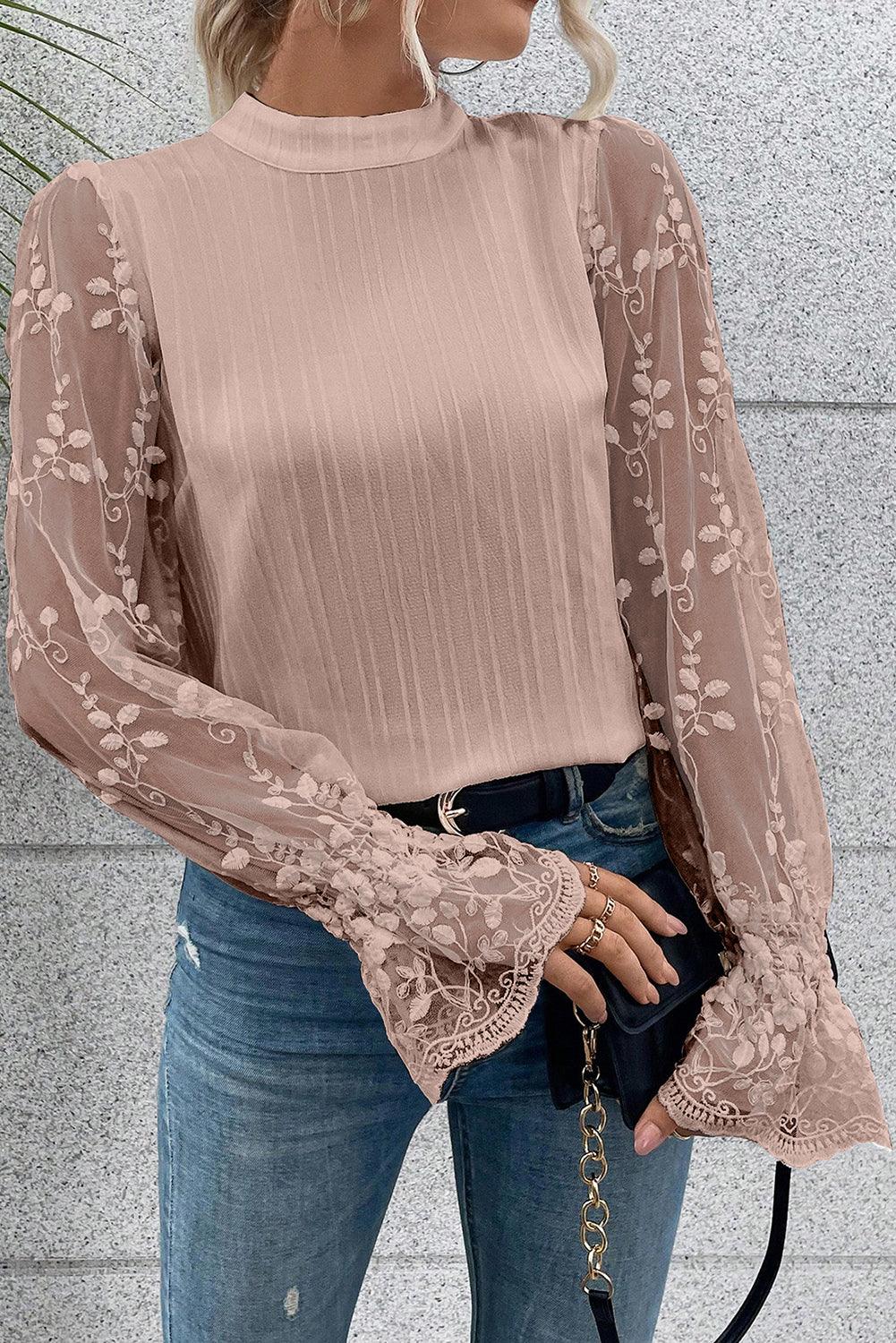 Apricot Pink Contrast Lace Sleeve Mock Neck Textured Blouse - L & M Kee, LLC