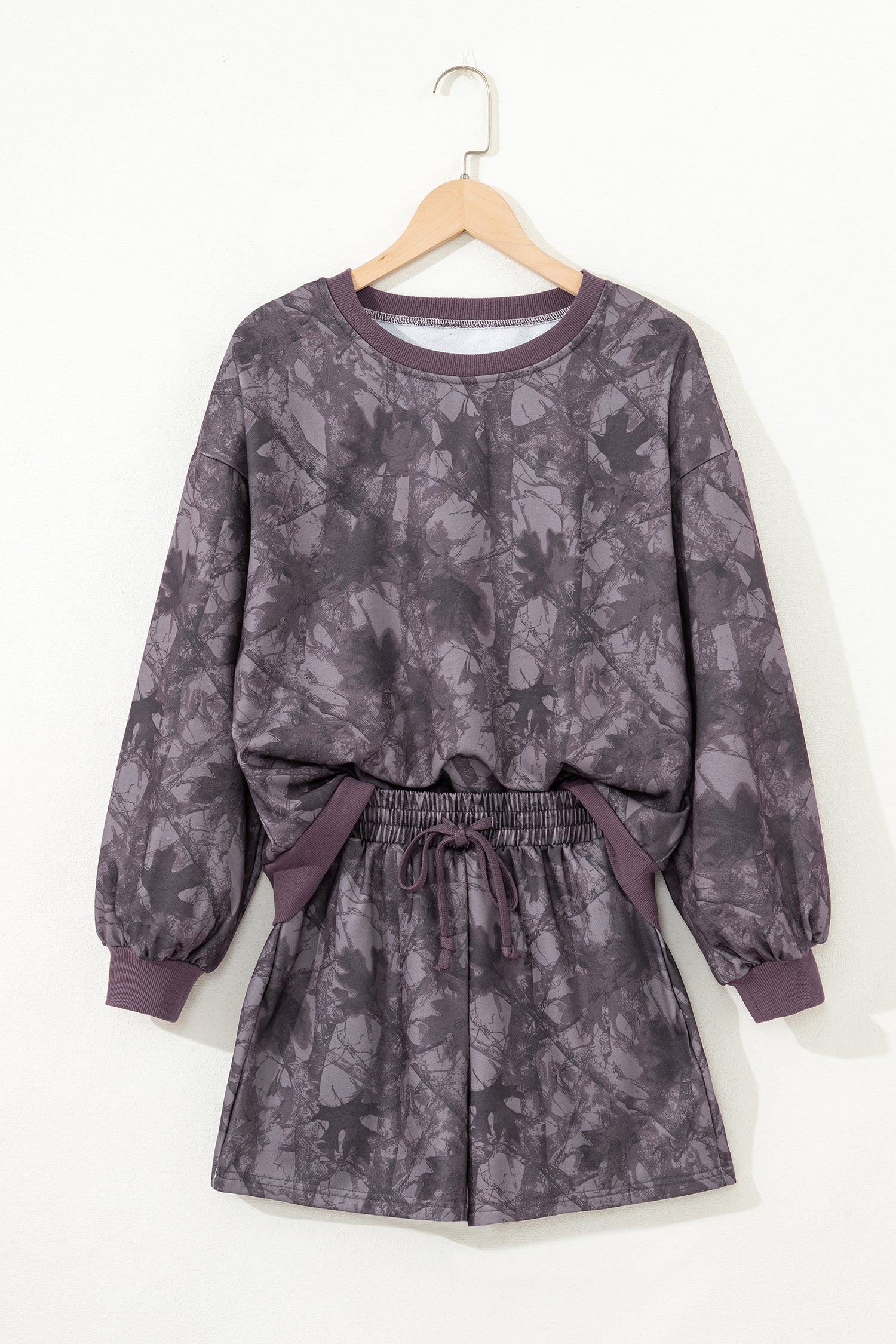 Brown Abstract Woodland Camo Print Baggy Pullover Drawstring Shorts Set