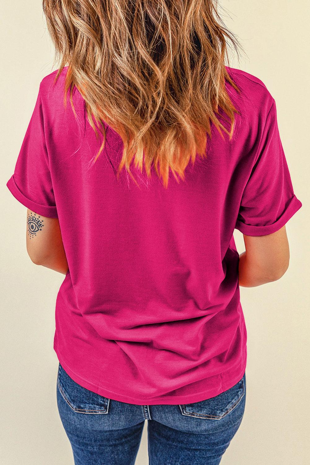 Rose Red Casual Plain Crew Neck Tee - L & M Kee, LLC