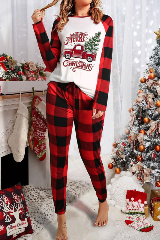 Red MERRY CHRISTMAS Plaid Print Two Piece Loungewear - L & M Kee, LLC